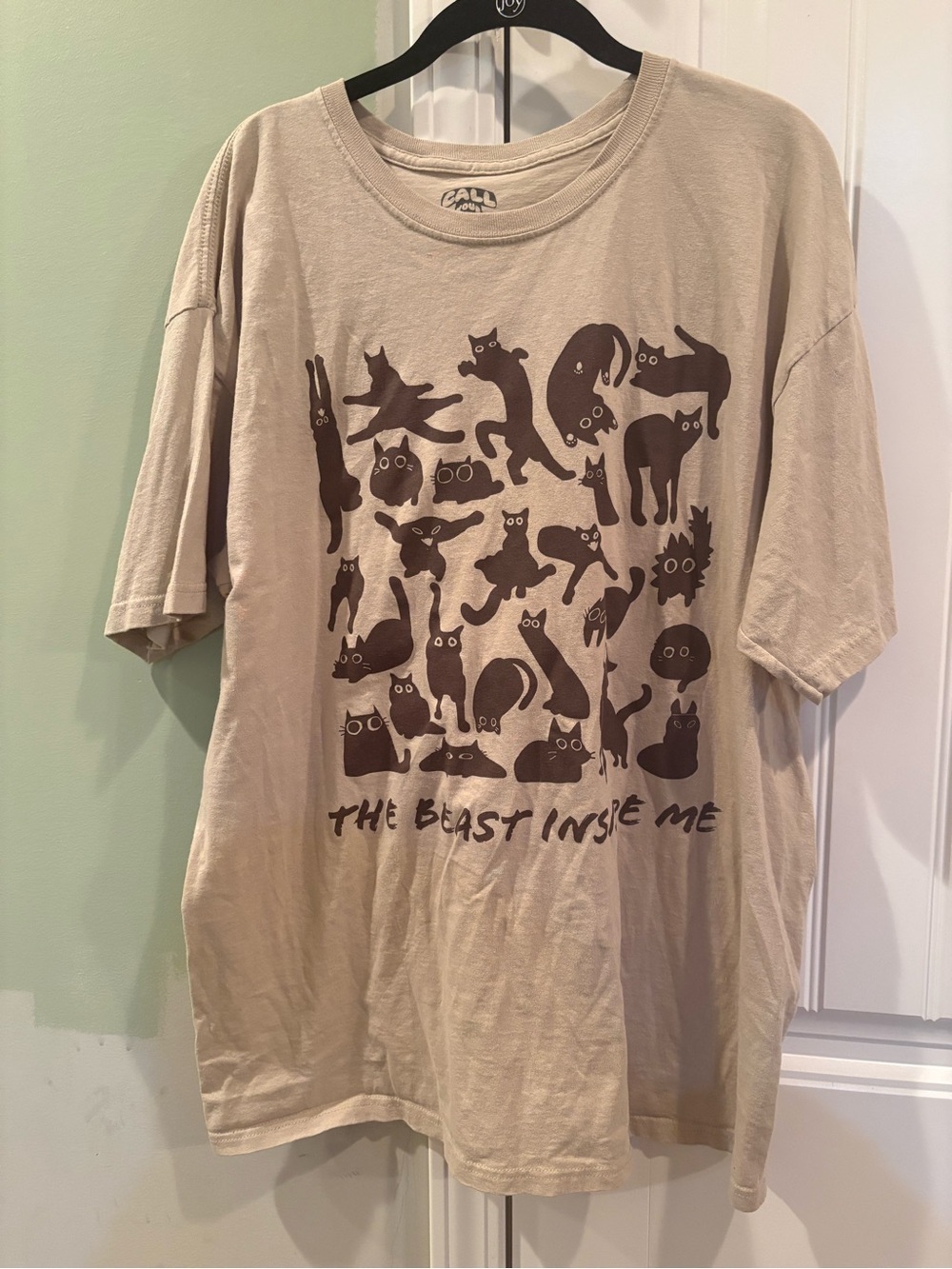 The Beast Inside Me Cat Graphic Tee - Beige with Brown Print